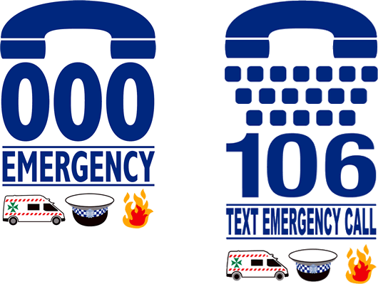 Call Triple Zero (000) to report emergencies logo. Call 106 for text emergency call.